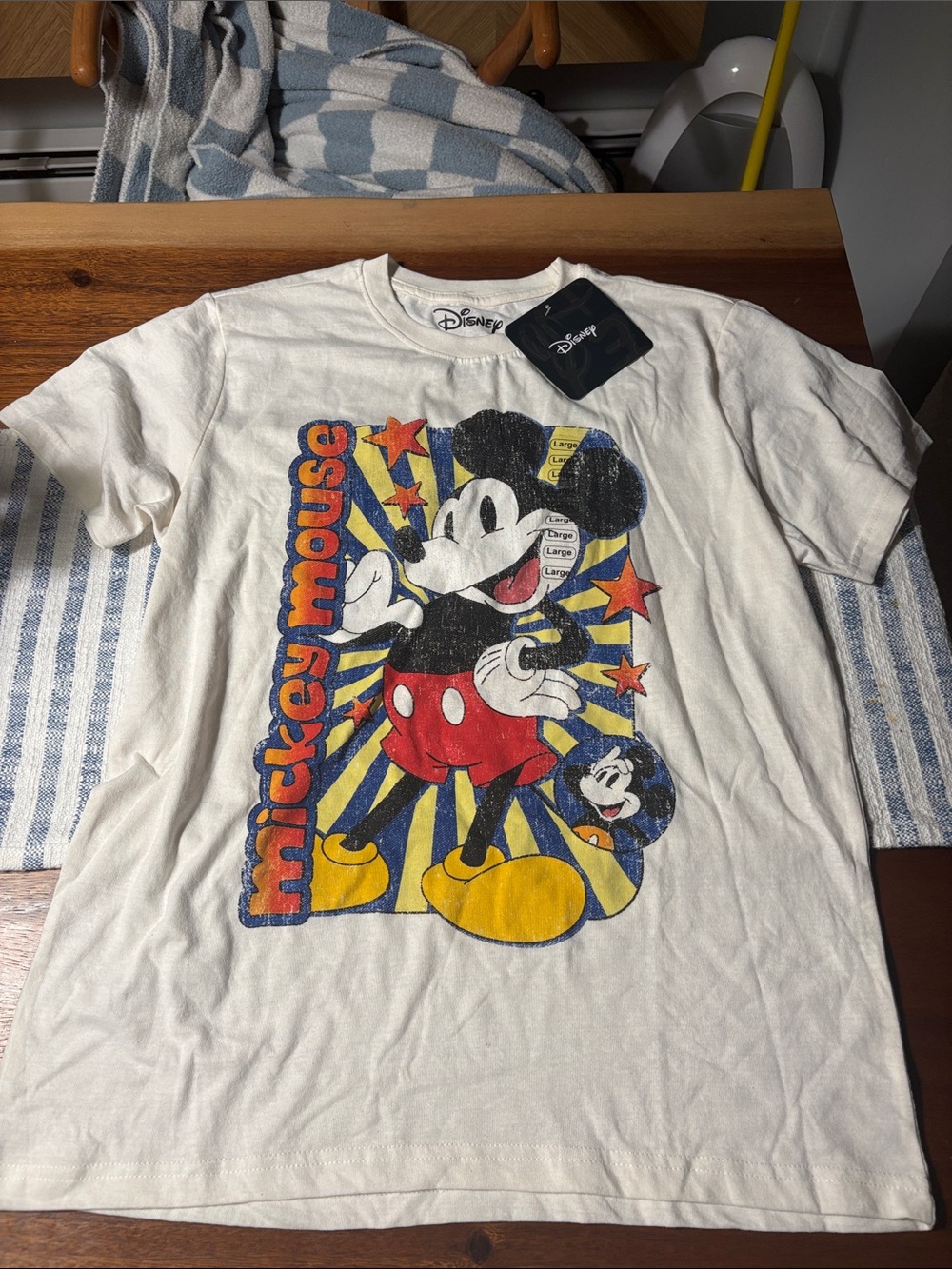 Disney White Mickey Mouse Retro Graphic Tee with Red, Yellow & Blue